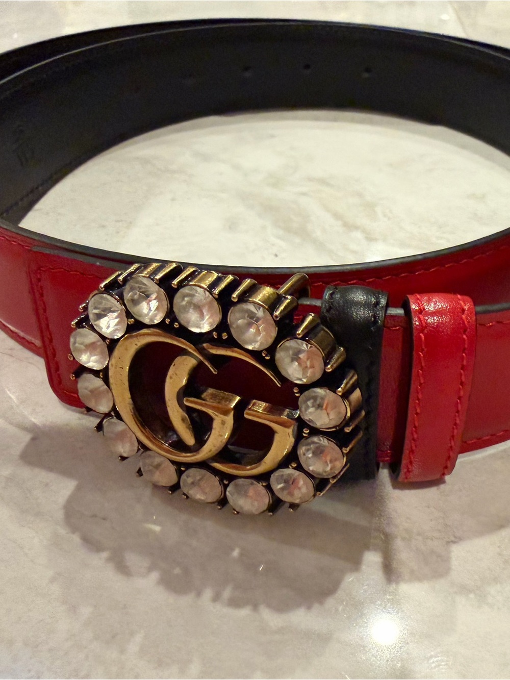 Gucci Red Patent Leather Belt with Crystal-Studded Gold GG Buckle
